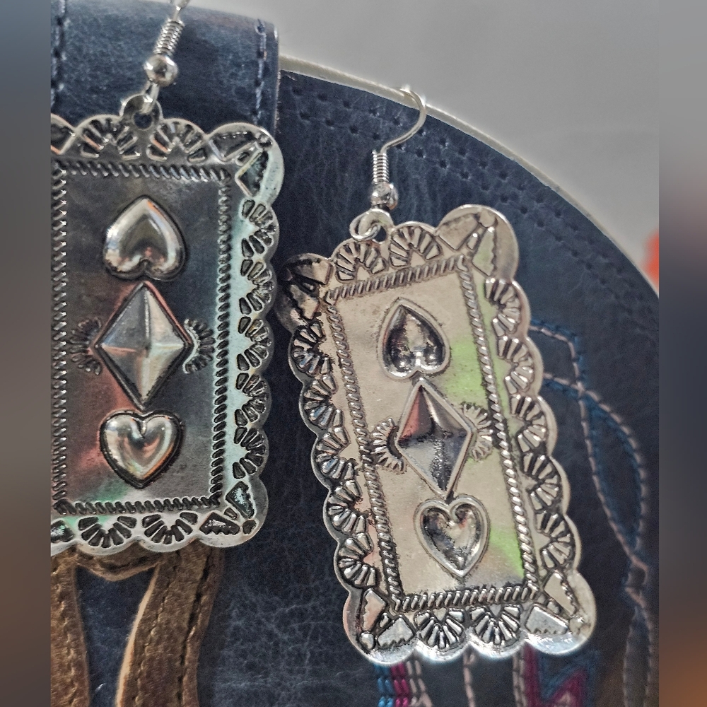 Silver Heart and Diamond Pattern Earrings